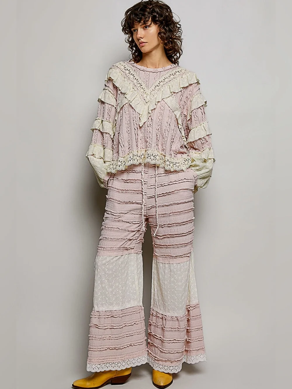 POL Pink and Cream Layered Wide-Leg Pants